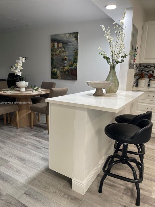 Kitchen peninsula featuring a white countertop and white cabinetry, complemented by wood-finish flooring and a multi-toned mosaic tile backsplash