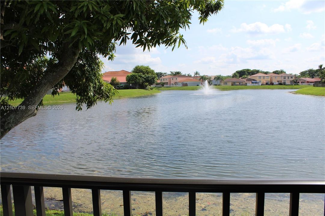 Waterfront property featuring a pond, illuminated fountain, and mature tree