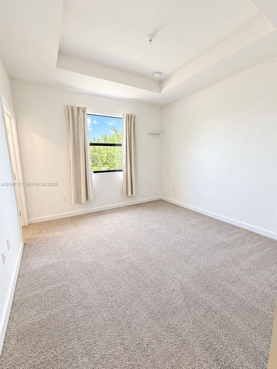 Tray ceiling, neutral carpeting, and single-pane window with exterior greenery