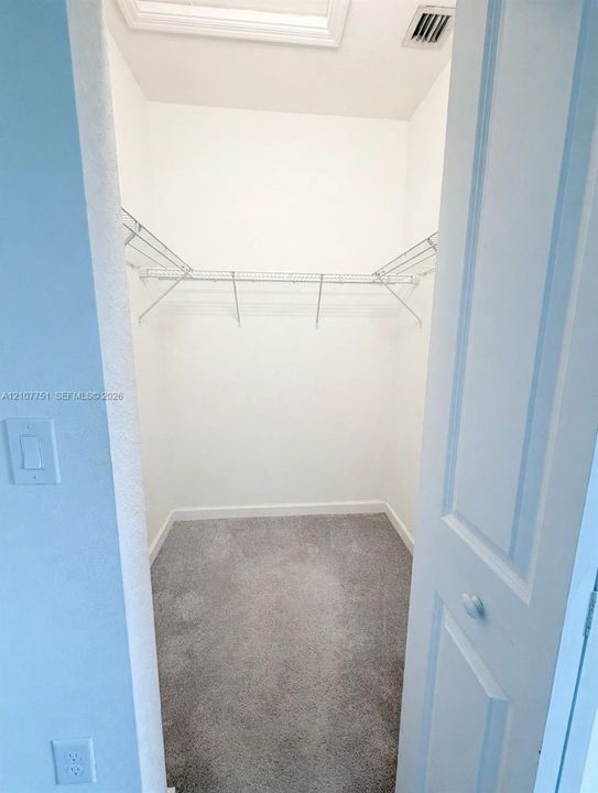 Walk-in storage space featuring neutral carpeting and integrated wire shelving