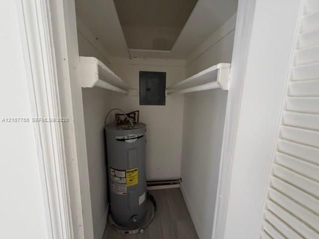 Utility closet featuring dual built-in shelving, a water heater, an electrical panel, and wood-finish flooring