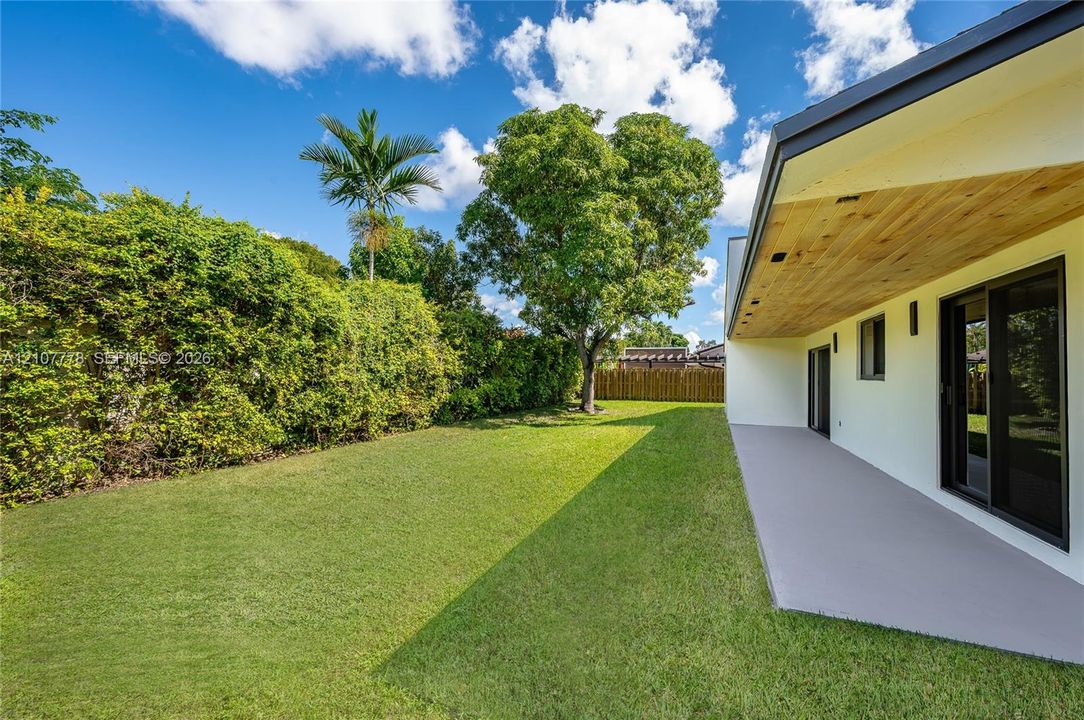 Backyard featuring a concrete patio, wood-paneled ceiling overhang, manicured lawn, and perimeter hedges
