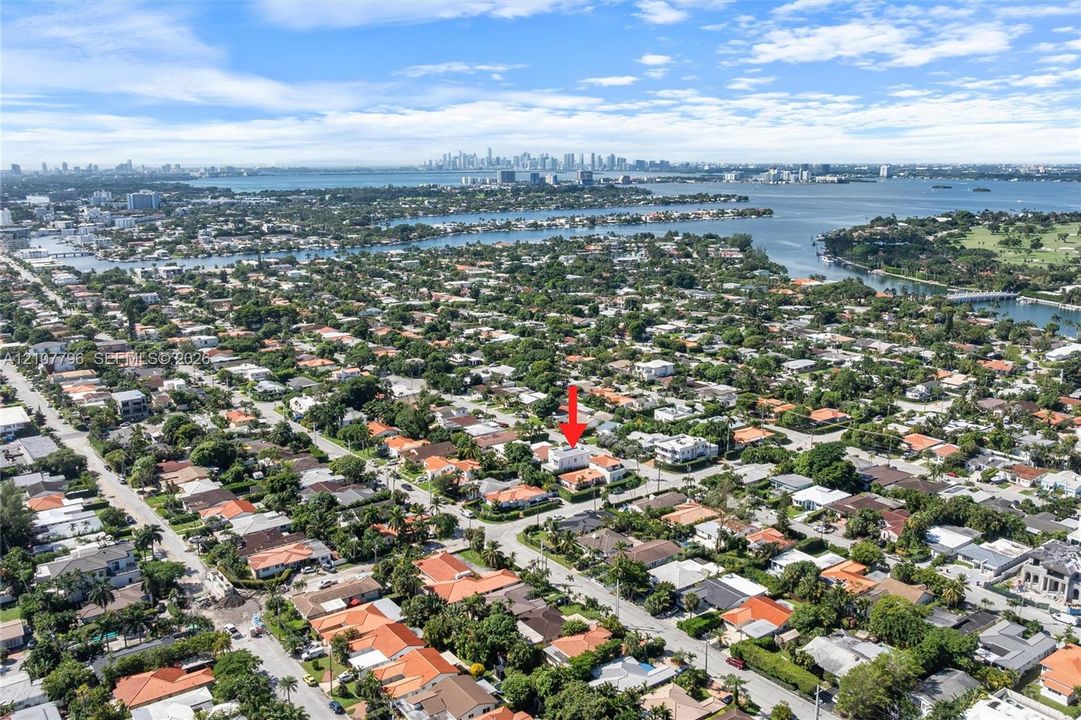 Aerial perspective of a residential property situated in a coastal neighborhood, featuring mature tree canopy, proximity to waterways, and a distant urban skyline backdrop
