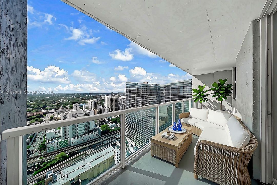 VIRTUALLY STAGED - Covered balcony featuring a glass and metal railing, concrete ceiling, and expansive urban scenery