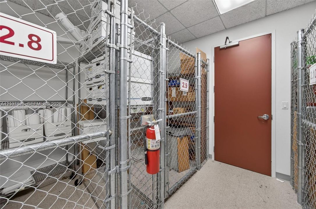 Enclosed storage area featuring galvanized chain-link partitioning, integrated wire shelving, a steel door, and a drop ceiling