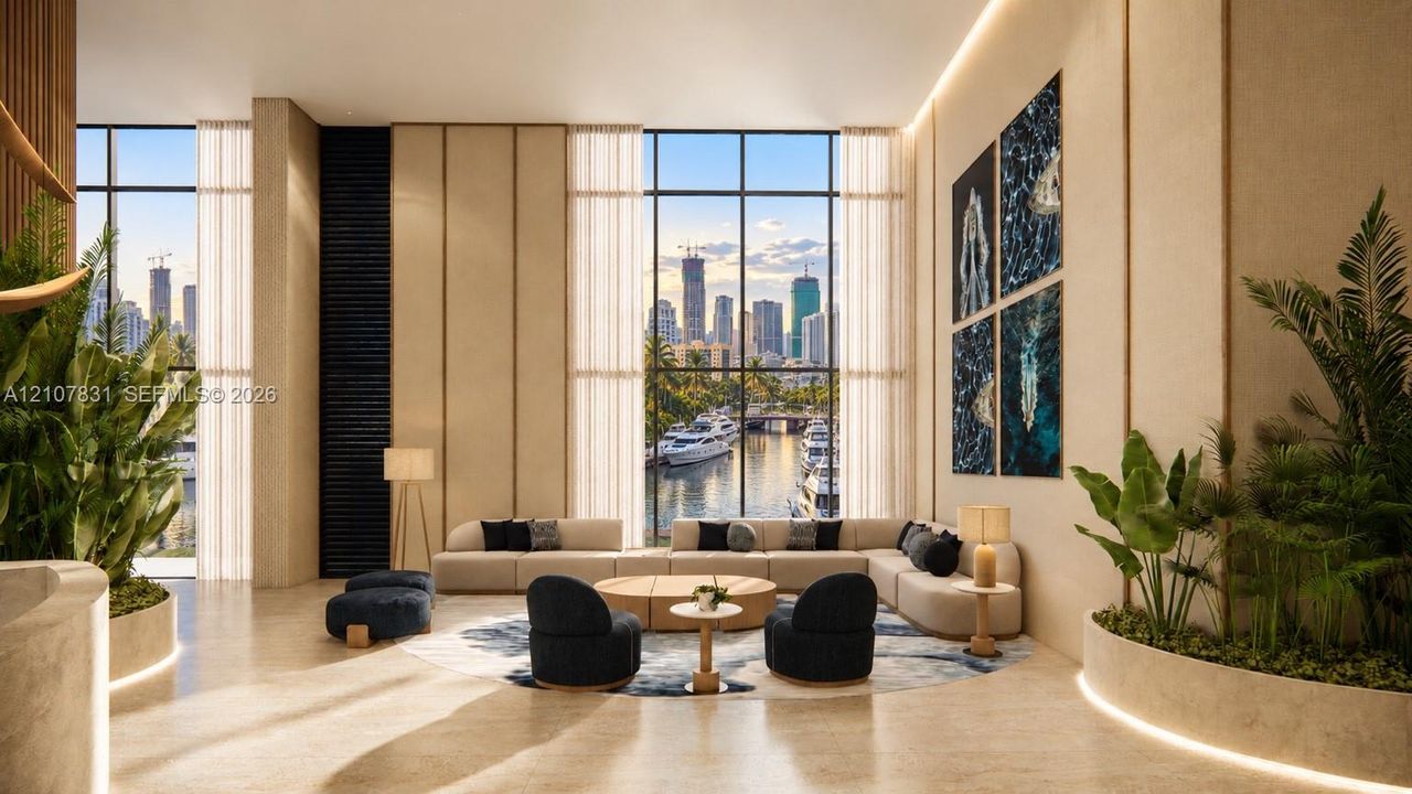 Double-height floor-to-ceiling windows, natural stone flooring, integrated perimeter accent lighting, and custom built-in stone planters