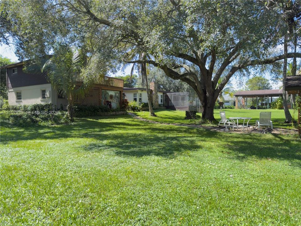 Expansive backyard featuring mature shade trees, a manicured lawn, a detached covered structure, and a raised wooden deck