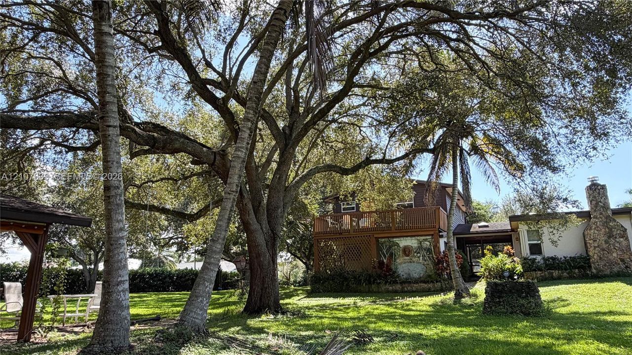 Expansive backyard featuring mature shade trees, a raised wooden deck, a stone-faced exterior chimney, and a wooden gazebo