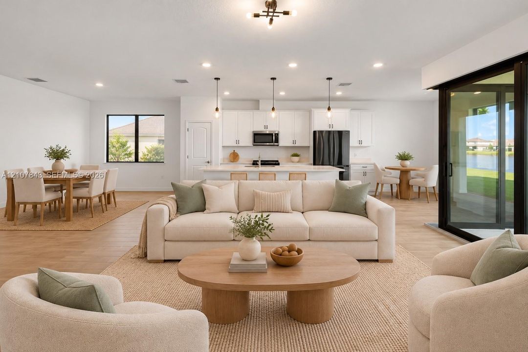 Open-concept interior featuring wood-finish flooring, recessed lighting, white cabinetry, a center island, and large multi-panel sliding glass doors