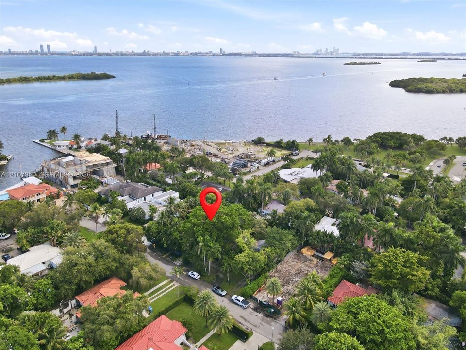 Waterfront aerial perspective featuring mature tree canopy, coastal proximity, and panoramic urban skyline