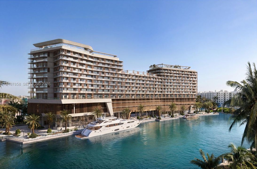 Multi-story waterfront architecture featuring expansive balconies, glass railings, intricate wood-slat facade detailing, and private maritime docking facilities