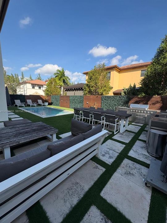 Rear patio featuring natural stone pavers, a built-in stainless steel outdoor kitchen, synthetic lawn, and a rectangular swimming pool enclosed by a privacy wall