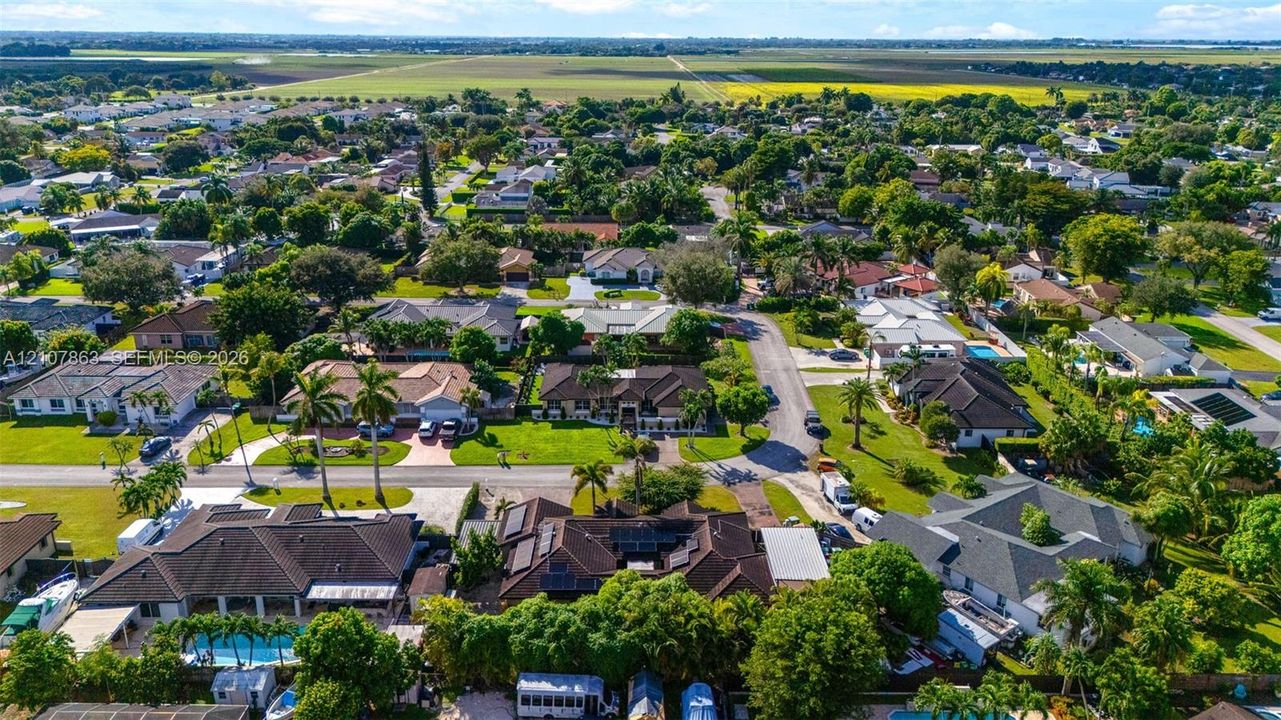 Aerial perspective of a residential neighborhood featuring mature canopy trees, manicured lawns, paved streets, and diverse single-story architectural styles