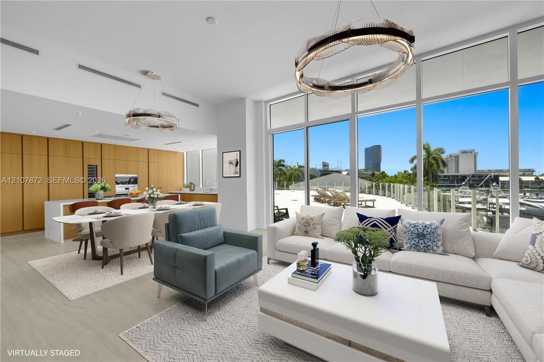 Floor-to-ceiling glass windows, floor-to-ceiling wood-finish cabinetry, built-in kitchen appliances, and geometric modern light fixtures