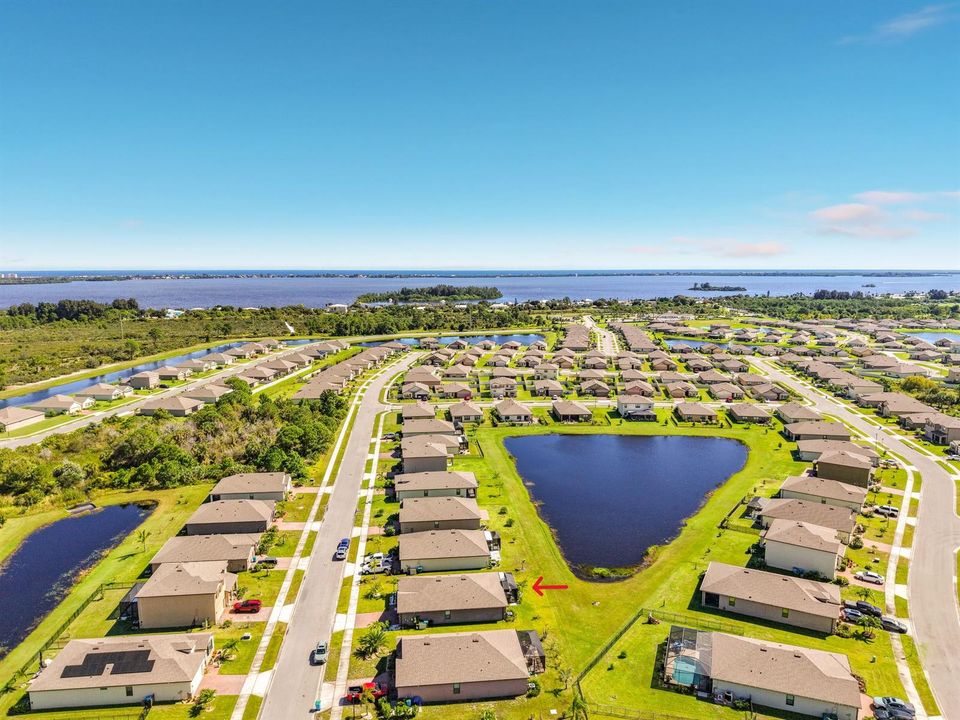 Aerial with arrow full lake view