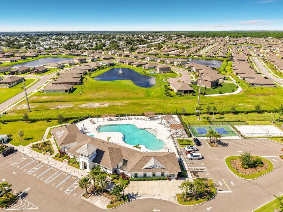 Aerial of pool with houses and lakes