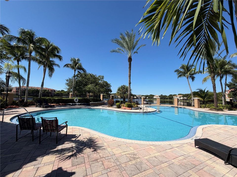 Curved swimming pool featuring paved decking, surrounding palm trees, and waterfront perimeter fencing