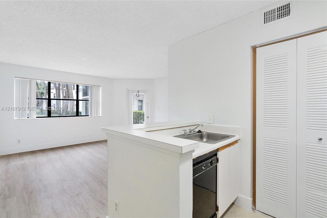Interior space featuring wood-finish flooring, a pass-through kitchen counter, stainless steel sink, and floor-to-ceiling louvered closet doors