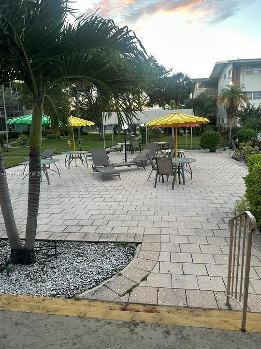 Paved outdoor patio featuring a manicured lawn, palm trees, and metal railing