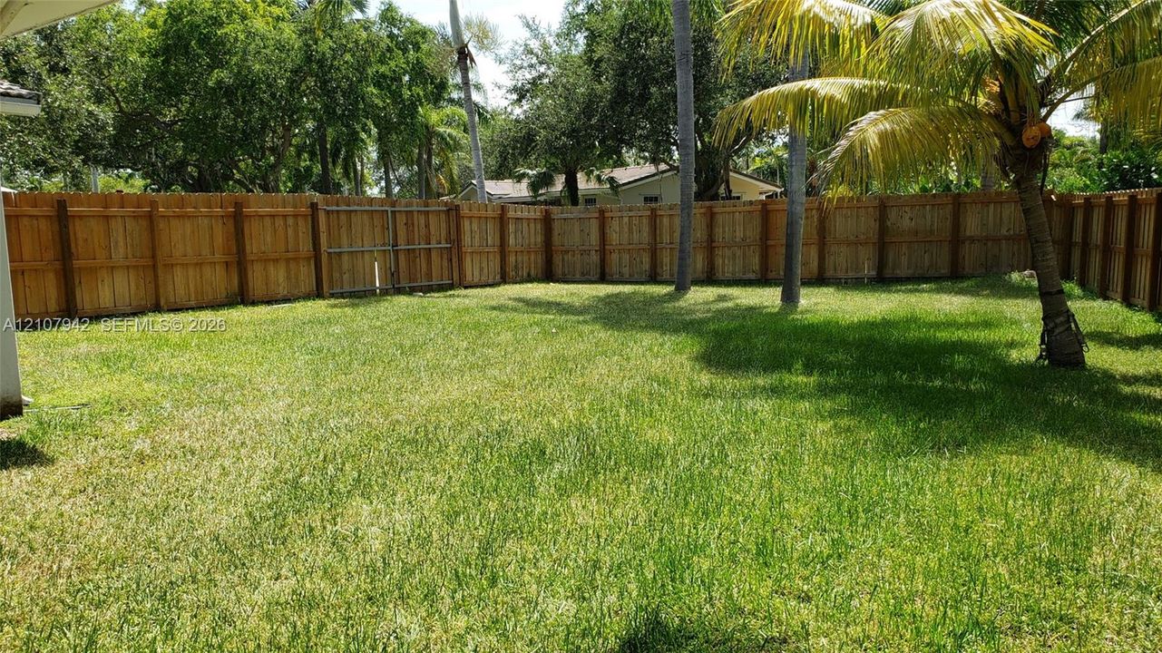 Private backyard featuring a grass lawn, full-perimeter wood fence, and mature palm trees