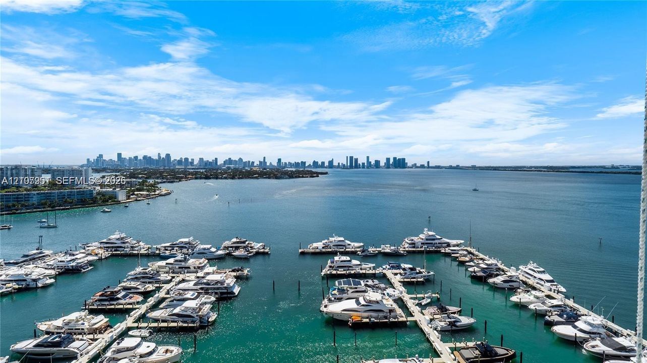 High-altitude bayfront perspective featuring a deep-water marina, multiple vessel slips, and a distant metropolitan skyline backdrop