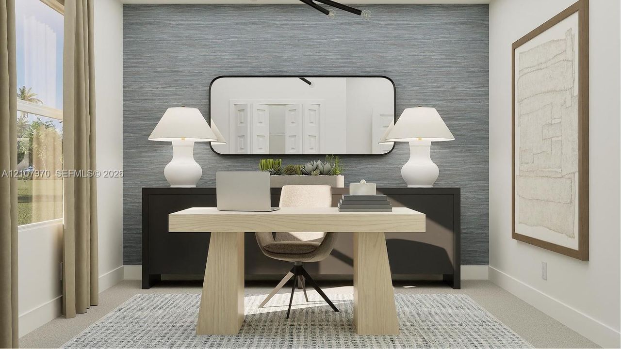 The sole bedroom on the first floor, this flexible space works well as a studio, lounge or home office, as shown here.