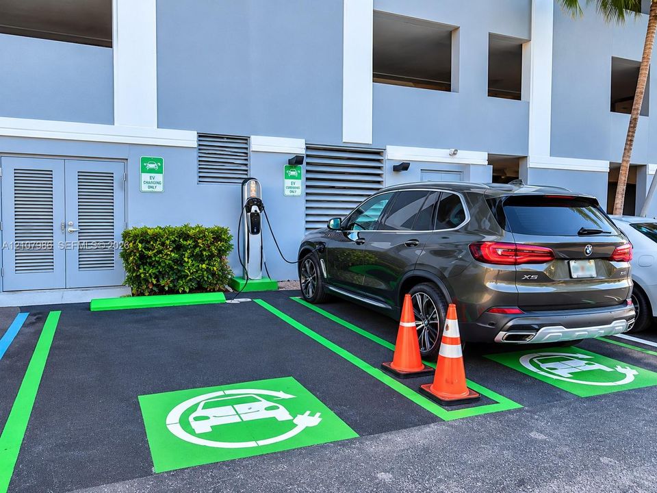Dedicated electric vehicle charging station with dual charging ports and clearly marked parking stalls