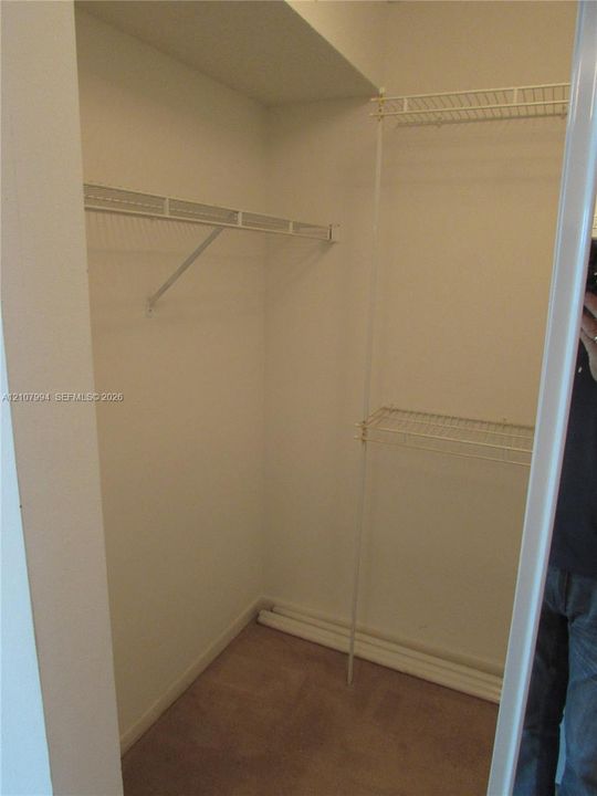 Storage closet featuring carpeted flooring and multiple levels of integrated wire shelving
