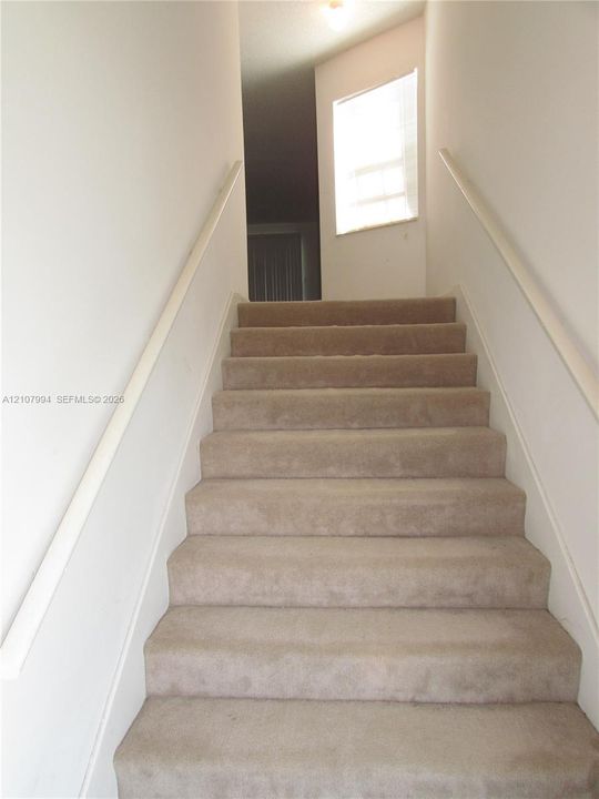 Carpeted staircase featuring dual white handrails and a window at the landing