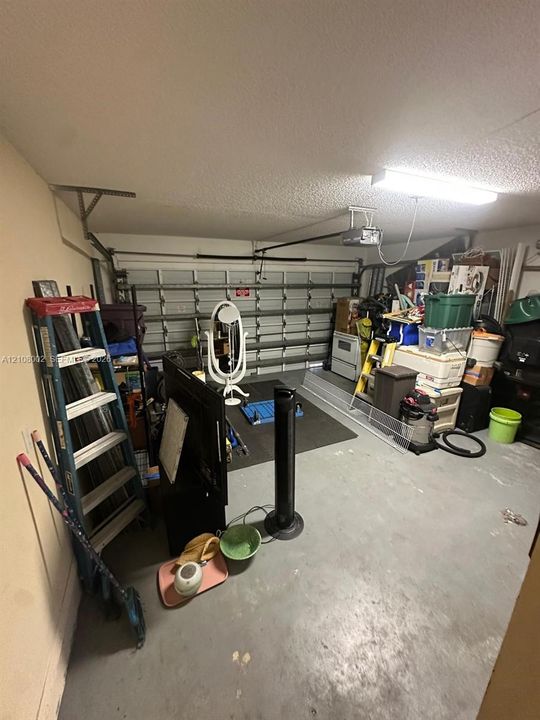 Enclosed garage space featuring a metal sectional door, painted concrete flooring, and ceiling-mounted lighting