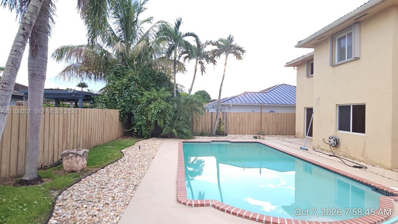 In-ground swimming pool featuring a brick coping edge and concrete pool deck, enclosed by wood privacy fencing and mature palm trees