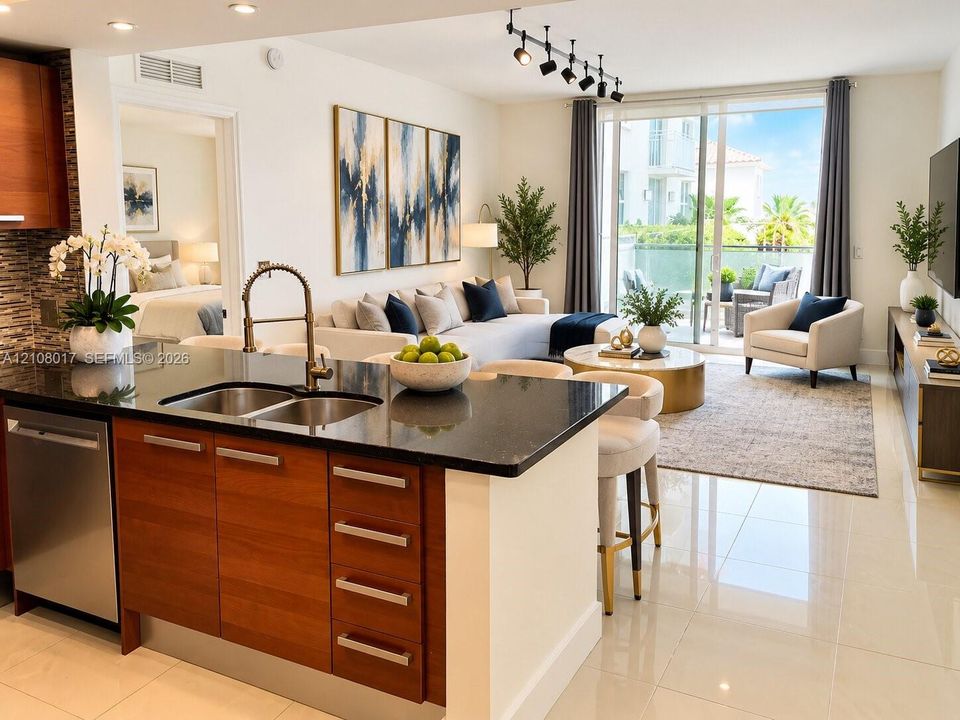 Kitchen featuring stone countertops, flat-panel wood cabinetry, stainless steel dishwasher, and gooseneck faucet, highlighted by polished tile flooring throughout