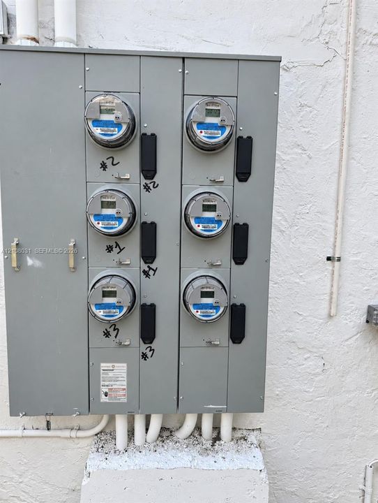 Multi-meter electrical service panel with six individual meters housed in a metal enclosure