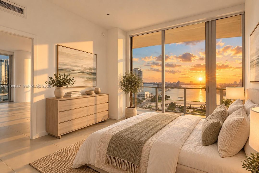 Expansive floor-to-ceiling windows, direct water scenery, light-toned tile flooring, recessed lighting, and a neutral color palette