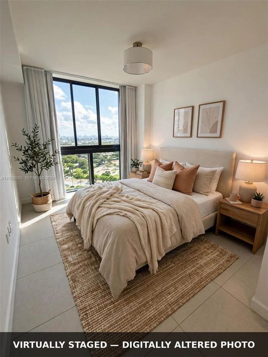 Floor-to-ceiling windows with panoramic exterior scenery, large-format tile flooring, and a neutral-toned drum shade ceiling light fixture