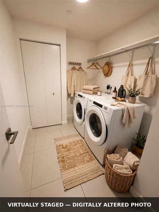 Laundry room featuring large-format ceramic tile flooring, bi-fold closet doors, and an integrated metal wall-mounted shelving unit