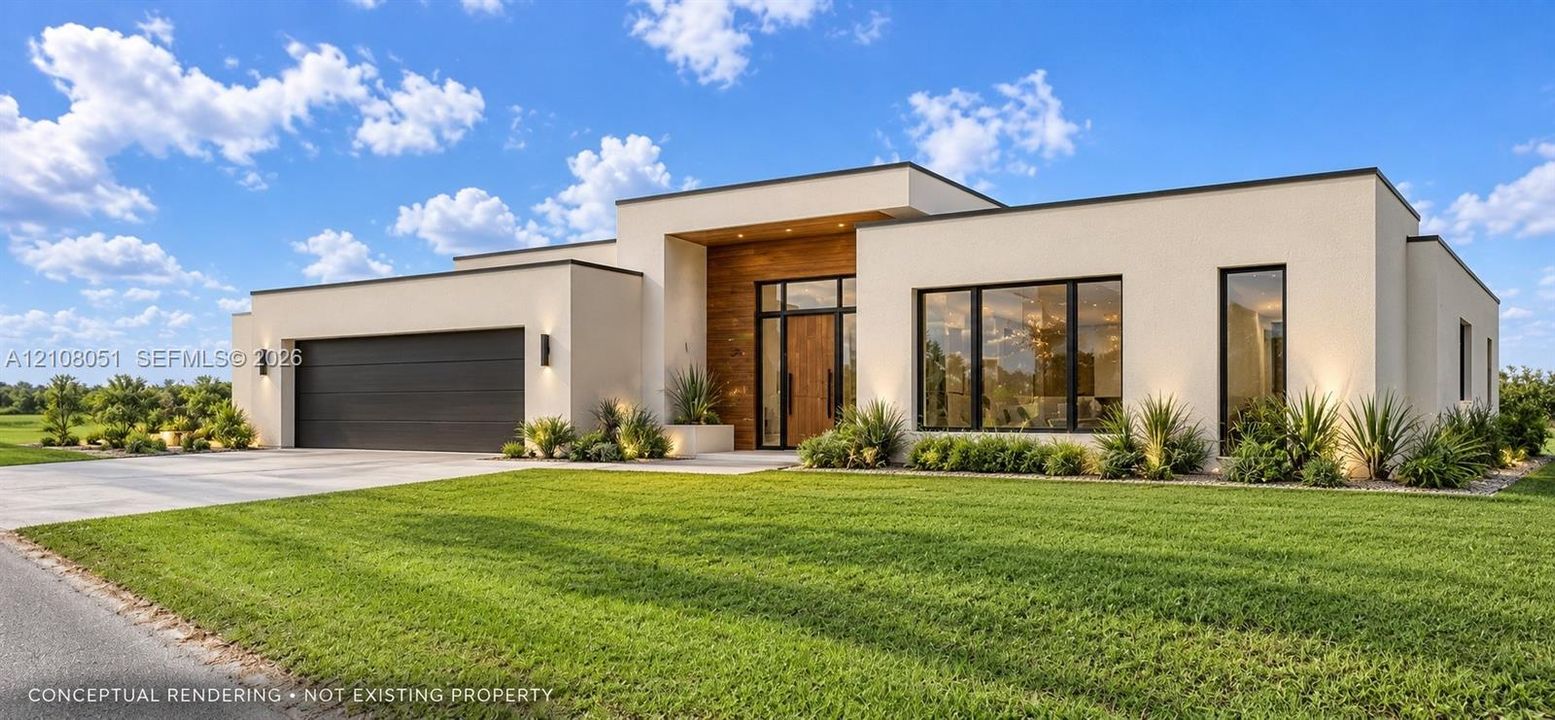 Modern single-story exterior featuring a light-toned smooth facade, natural wood-finish entryway soffit, large dark-framed windows, and a multi-car garage with a dark finish