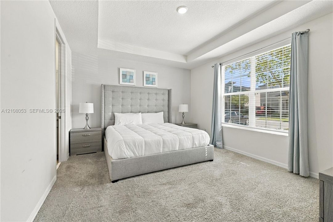 Tray ceiling, neutral carpeting, and a large multi-pane window featuring horizontal blinds