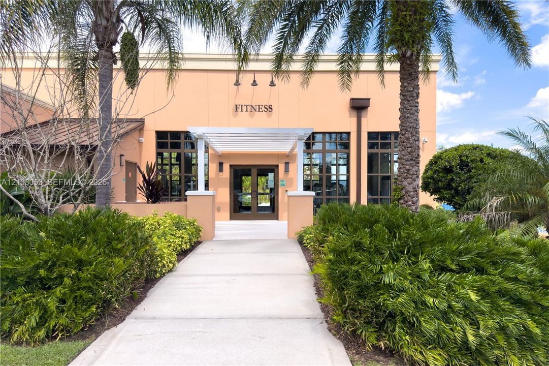 Exterior facade featuring a concrete walkway, white pergola entryway, large windows, and mature palm landscaping