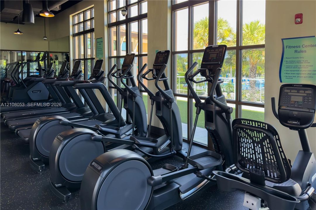 Fitness center featuring floor-to-ceiling windows, mirrored walls, and durable rubber flooring