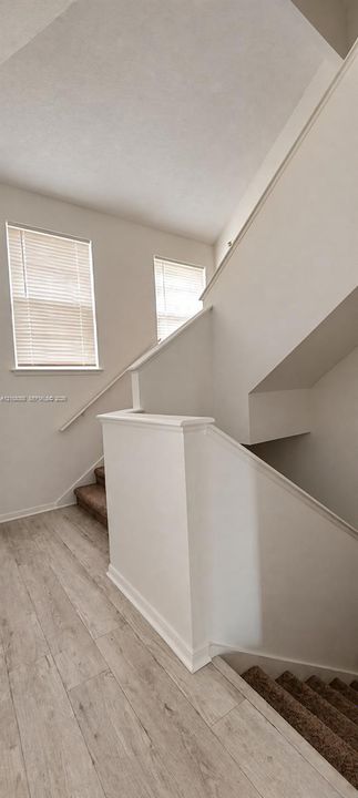 Staircase featuring carpeted steps, a neutral wall finish, wood-finish flooring, and multiple windows with integrated blinds