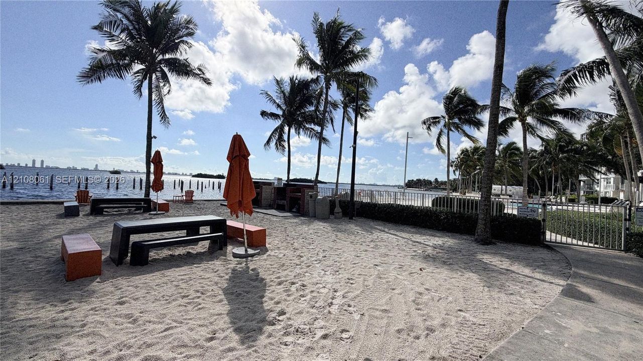 Waterfront sand area featuring palm trees, a concrete walkway, and a built-in outdoor kitchen structure