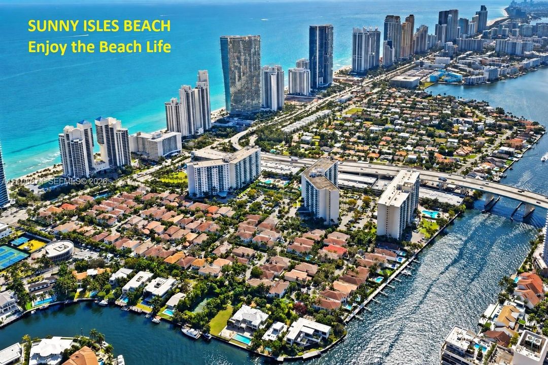 Aerial perspective of Sunny Isles Beach featuring coastal shoreline, high-rise architecture, residential development, inland waterways
