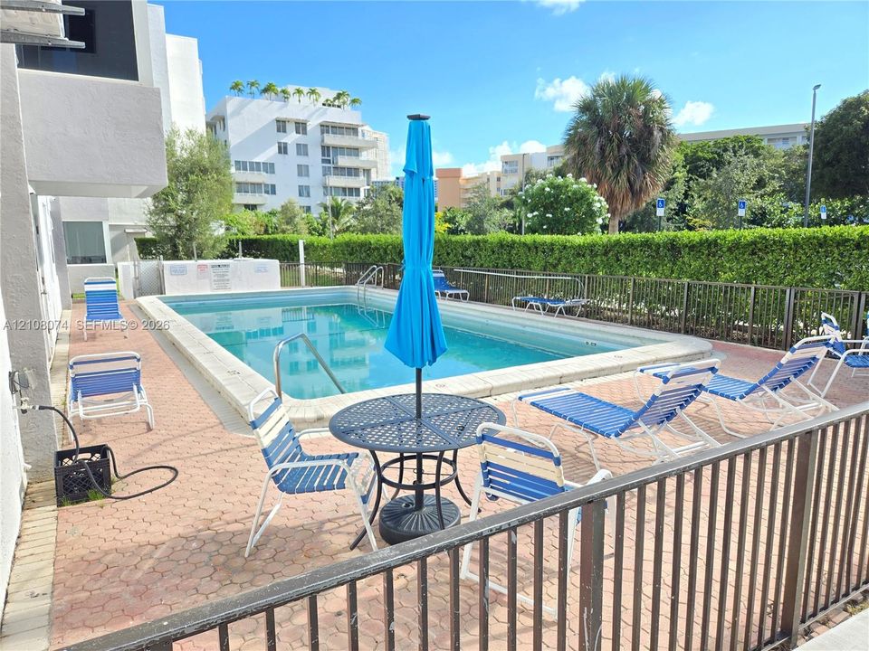 In-ground swimming pool with a concrete surround, enclosed by metal fencing and mature privacy hedging