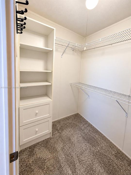 Walk-in closet featuring white built-in shelving with dual lower drawers, wall-mounted wire shelving, wall-mounted coat hooks, and carpeted flooring