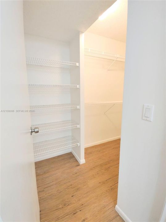 Walk-in closet featuring wood-finish flooring, white walls, and integrated wire shelving