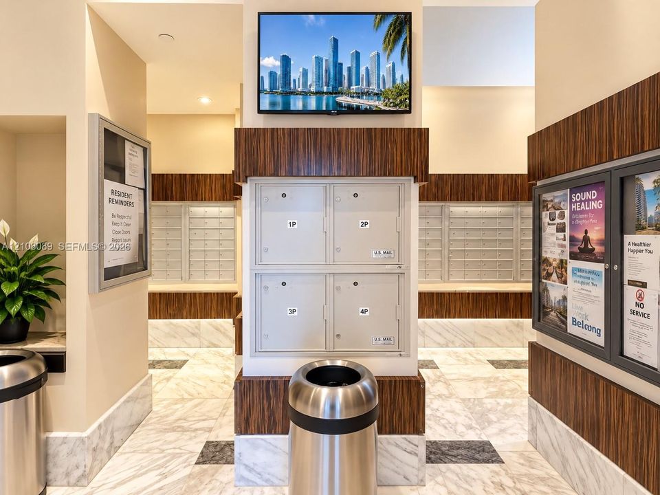 Mail center area featuring integrated parcel lockers, wood-finish wall paneling, and stone tile flooring