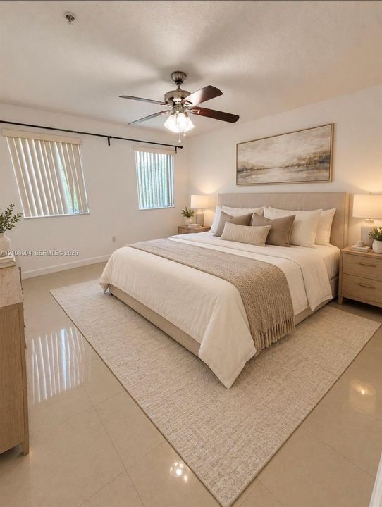 Neutral tile flooring, ceiling fan with light fixture, and dual windows with fitted vertical blinds
