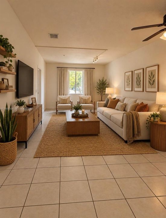 Living area featuring large-format neutral tile flooring, track lighting, a ceiling fan with integrated lighting, and a single-pane window