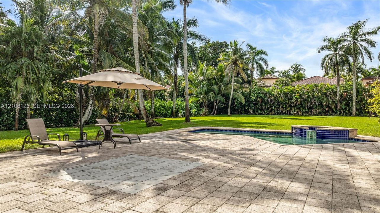 Expansive backyard featuring a stone-paver patio, swimming pool, raised tiled spa, manicured lawn, and mature palm trees